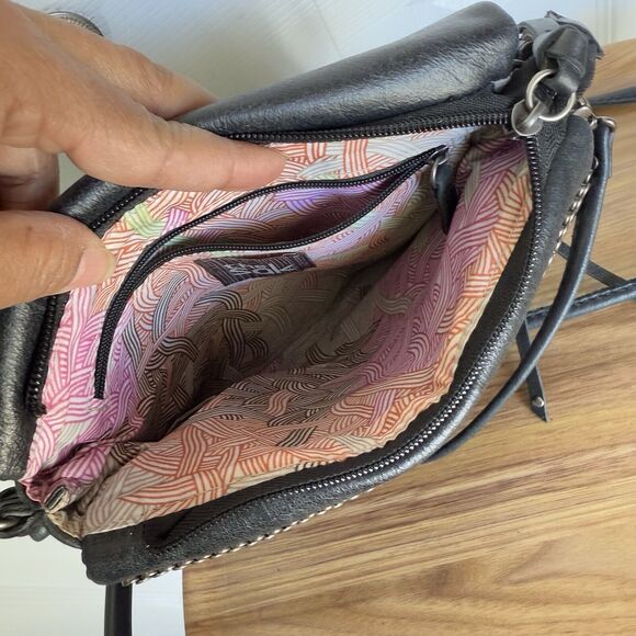 THE SAK Flap Small Messenger Black Leather Crossbody Handbag Boho Studded Biker - Picture 12 of 17